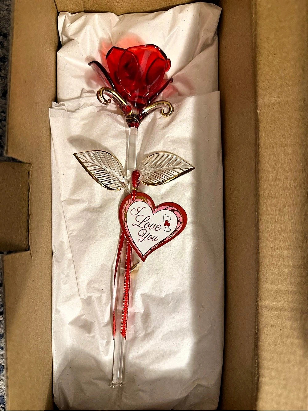 Glass Baron Red Rose with I Love You Heart Tag Red & Gold